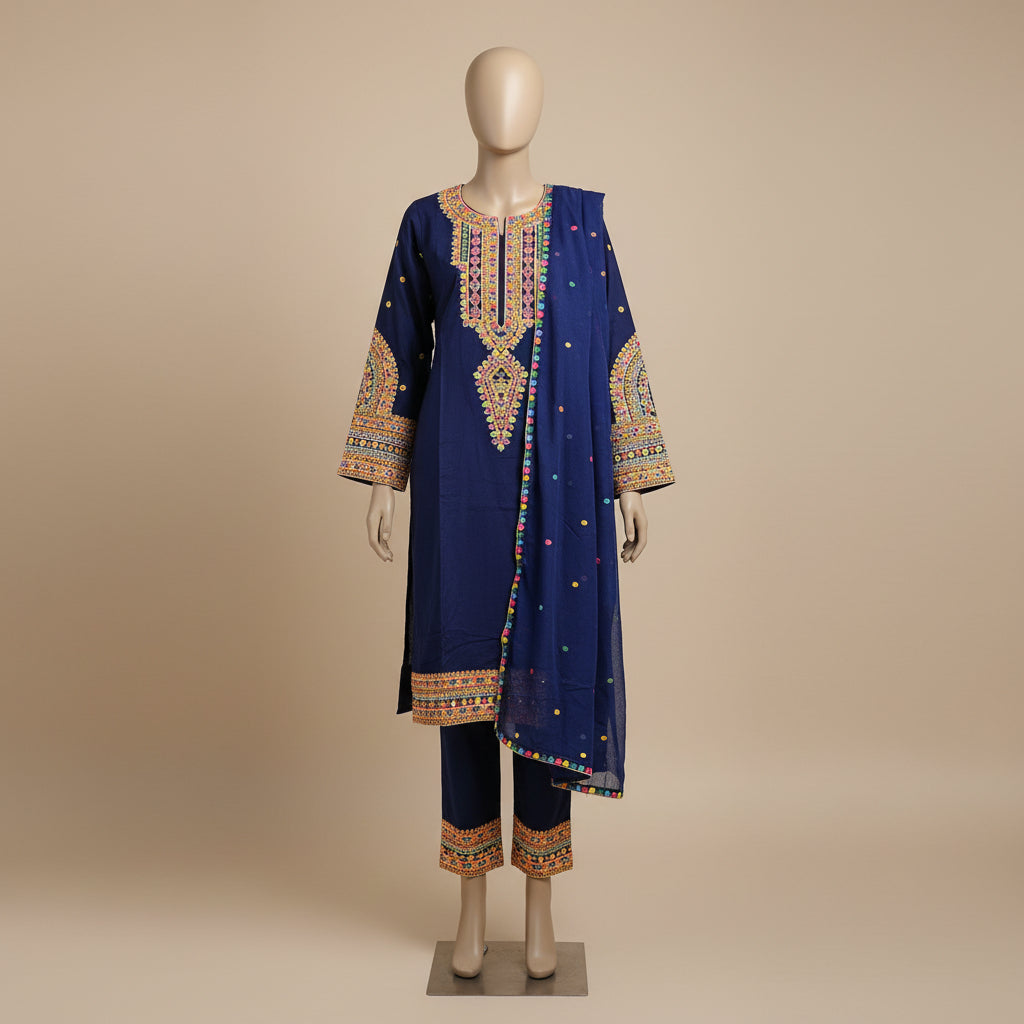 Chromatic Celebration | Navy & Black Linen Kameez with Multi-Colour Embroidery