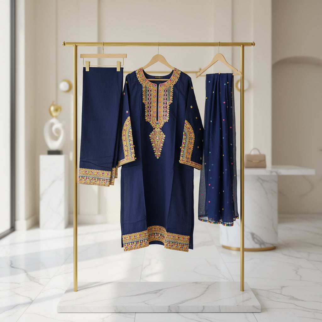 Chromatic Celebration | Navy & Black Linen Kameez with Multi-Colour Embroidery