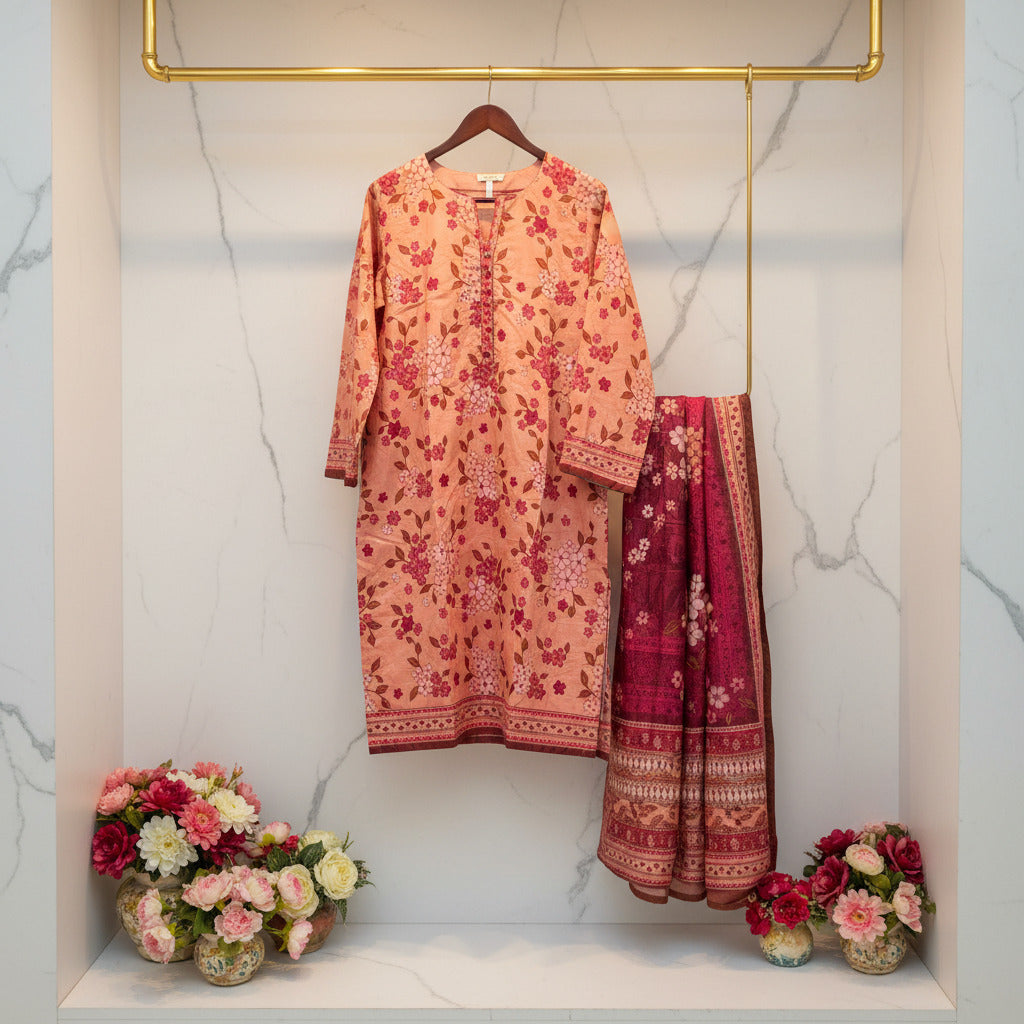 MHK Blossom Garden | Peach, Cerise & Maroon Digital Print Viscose Linen Shalwar Kameez Set