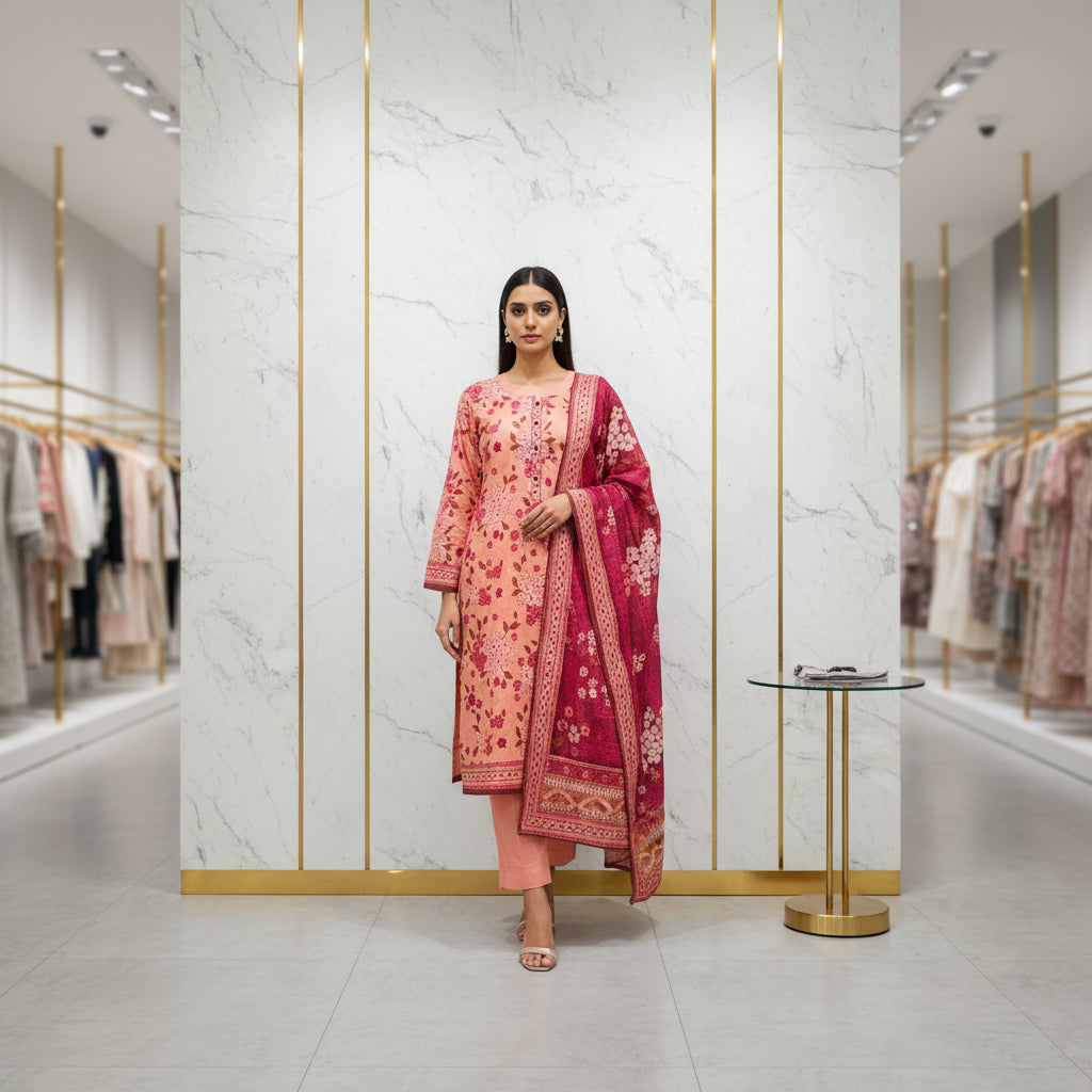 MHK Blossom Garden | Peach, Cerise & Maroon Digital Print Viscose Linen Shalwar Kameez Set