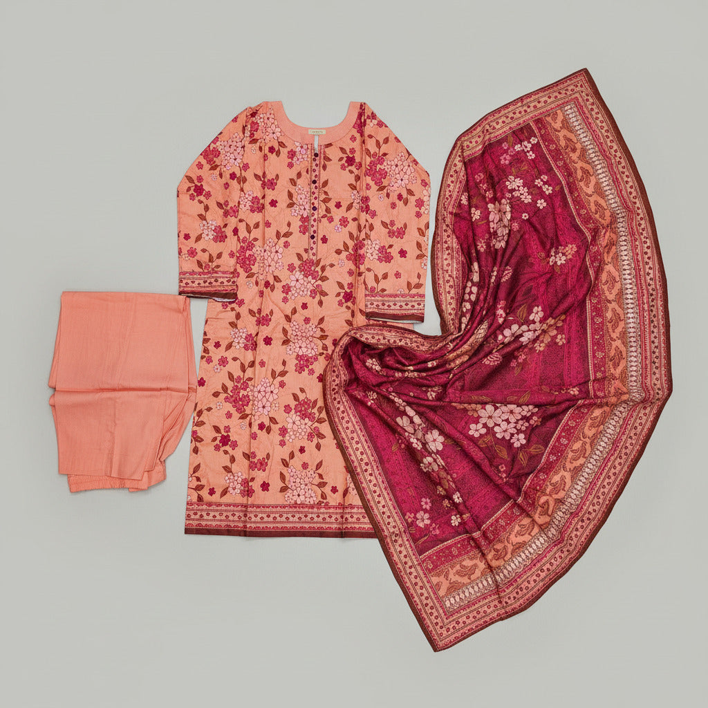 MHK Blossom Garden | Peach, Cerise & Maroon Digital Print Viscose Linen Shalwar Kameez Set