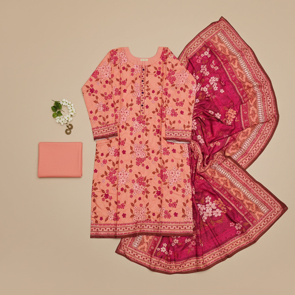 MHK Blossom Garden | Peach, Cerise & Maroon Digital Print Viscose Linen Shalwar Kameez Set