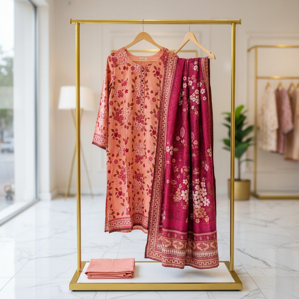 MHK Blossom Garden | Peach, Cerise & Maroon Digital Print Viscose Linen Shalwar Kameez Set