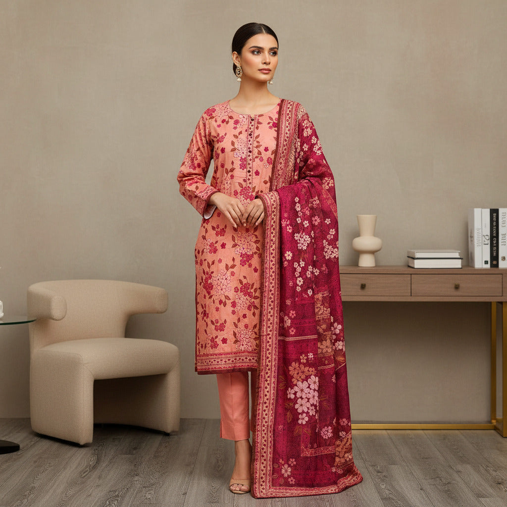 MHK Blossom Garden | Peach, Cerise & Maroon Digital Print Viscose Linen Shalwar Kameez Set