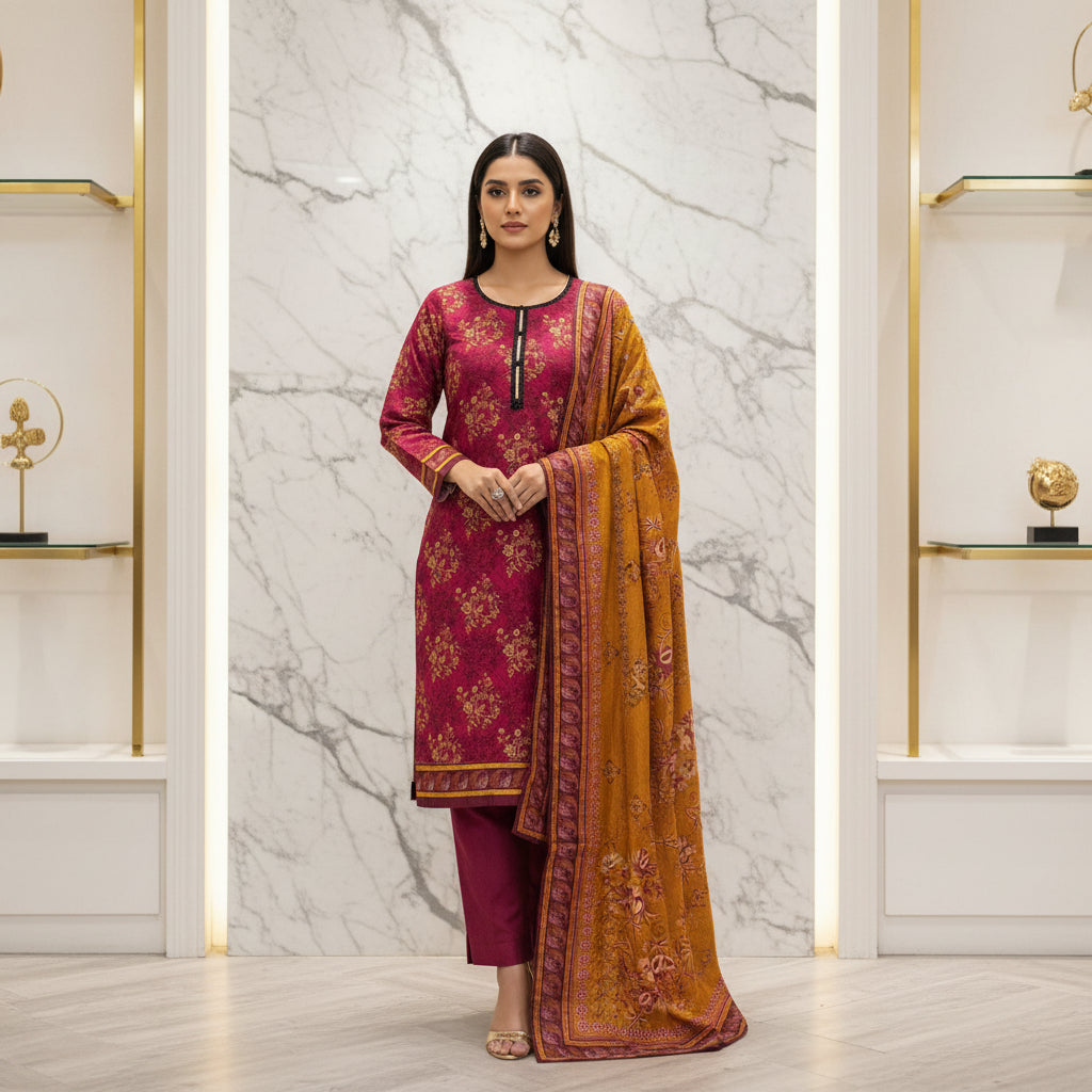 MHK Sunset Blush | Cerise Pink & Burnt Orange Digital Floral Print Viscose Linen Shalwar Kameez Set