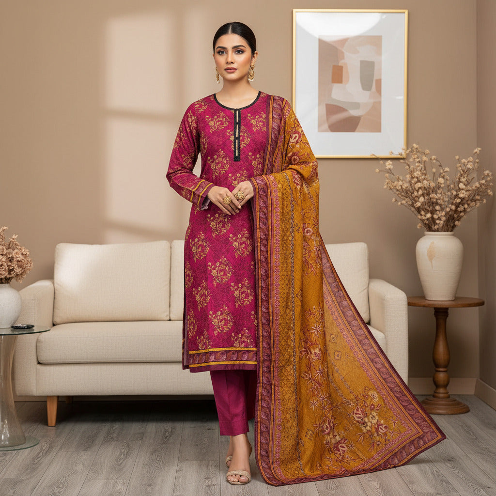 MHK Sunset Blush | Cerise Pink & Burnt Orange Digital Floral Print Viscose Linen Shalwar Kameez Set