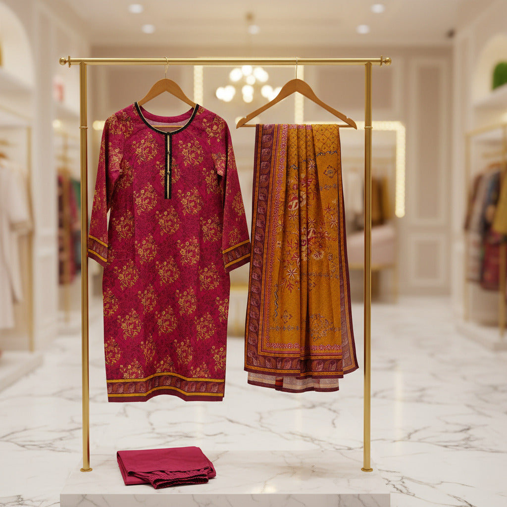 MHK Sunset Blush | Cerise Pink & Burnt Orange Digital Floral Print Viscose Linen Shalwar Kameez Set