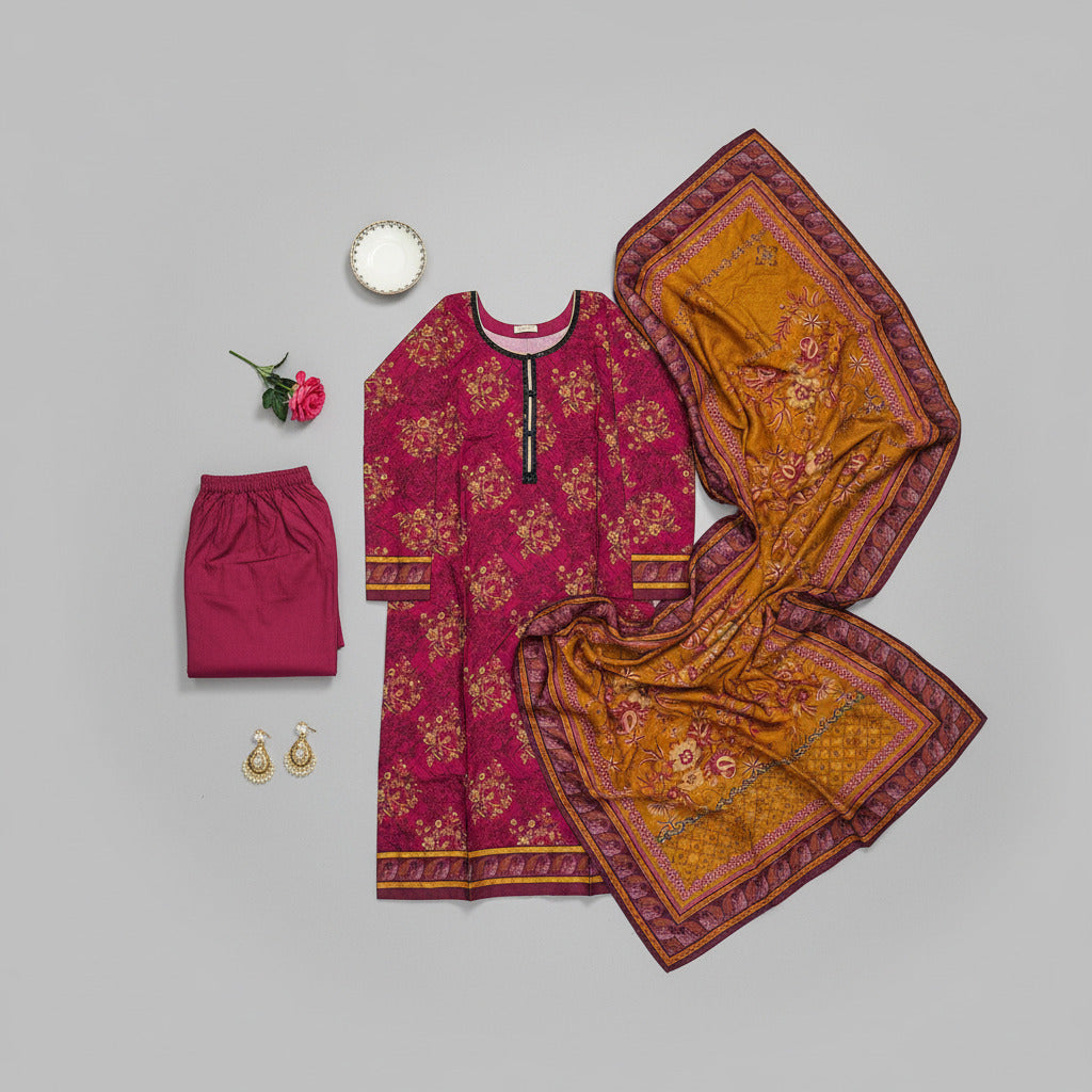 MHK Sunset Blush | Cerise Pink & Burnt Orange Digital Floral Print Viscose Linen Shalwar Kameez Set