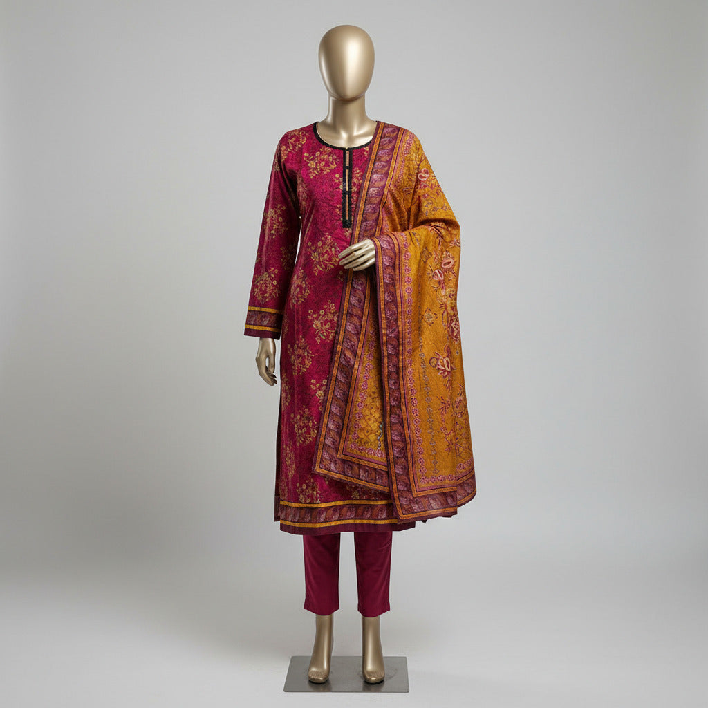 MHK Sunset Blush | Cerise Pink & Burnt Orange Digital Floral Print Viscose Linen Shalwar Kameez Set