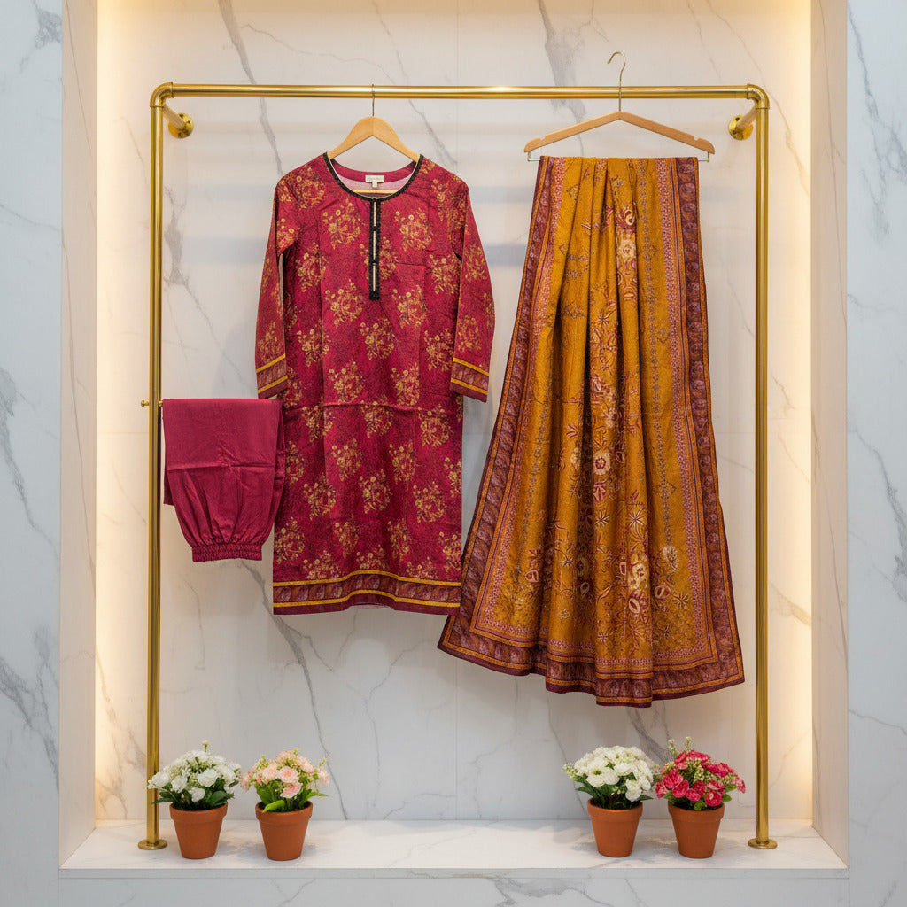 MHK Sunset Blush | Cerise Pink & Burnt Orange Digital Floral Print Viscose Linen Shalwar Kameez Set