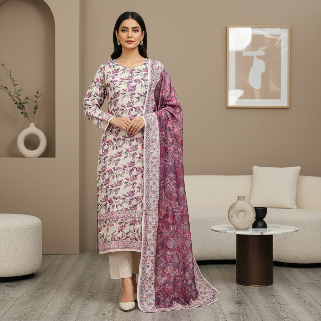MHK Royal Bloom | Mauve & Purple Digital Floral Print Viscose Linen Shalwar Kameez Set
