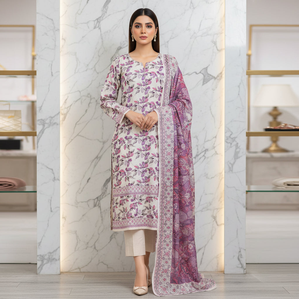 MHK Royal Bloom | Mauve & Purple Digital Floral Print Viscose Linen Shalwar Kameez Set