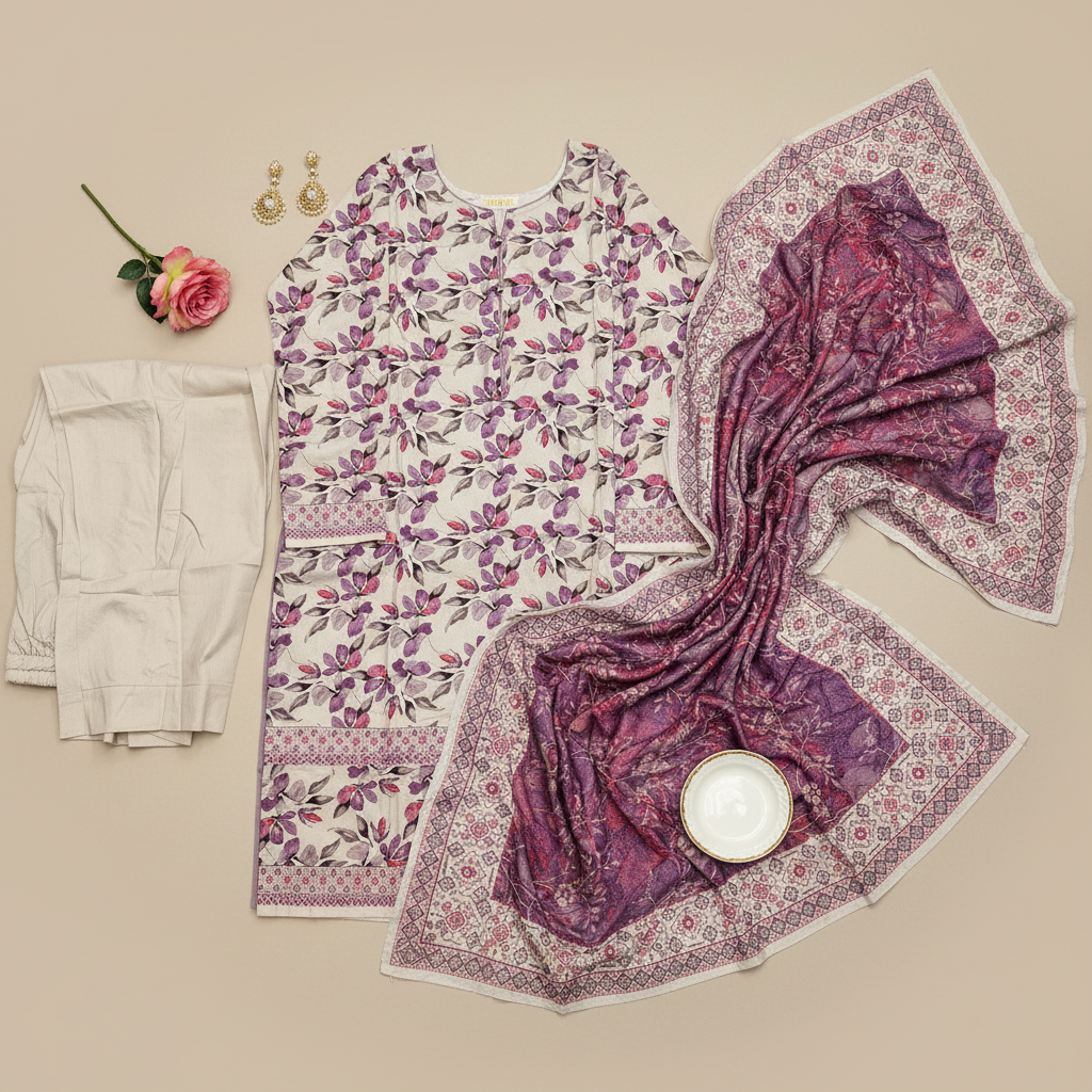 MHK Royal Bloom | Mauve & Purple Digital Floral Print Viscose Linen Shalwar Kameez Set