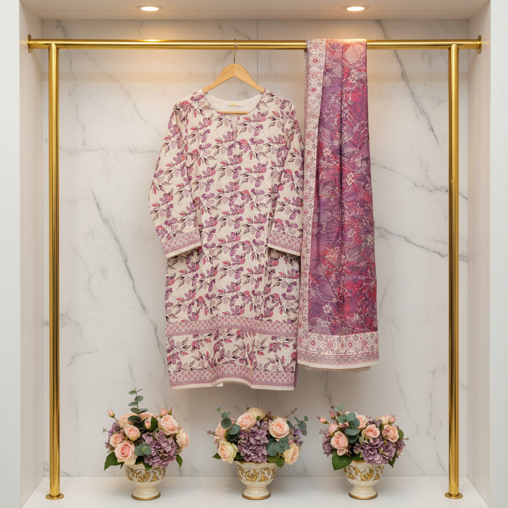 MHK Royal Bloom | Mauve & Purple Digital Floral Print Viscose Linen Shalwar Kameez Set