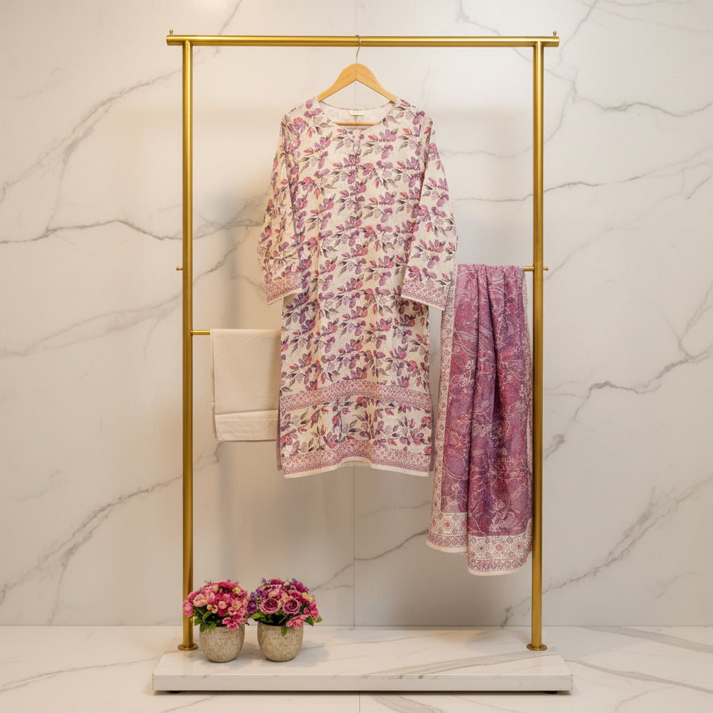 MHK Royal Bloom | Mauve & Purple Digital Floral Print Viscose Linen Shalwar Kameez Set
