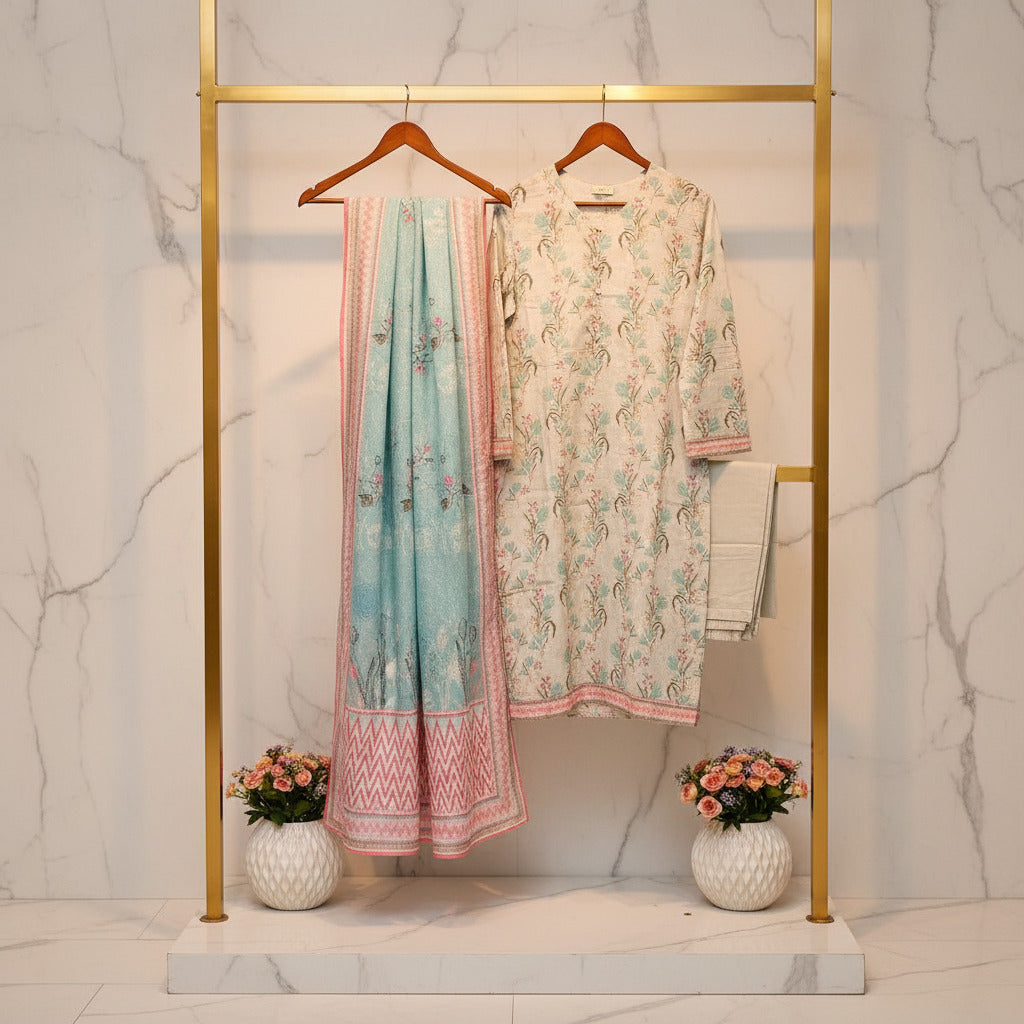 MHK Pastel Garden | Mint Blue & Pink Digital Floral Print Viscose Linen Shalwar Kameez Set