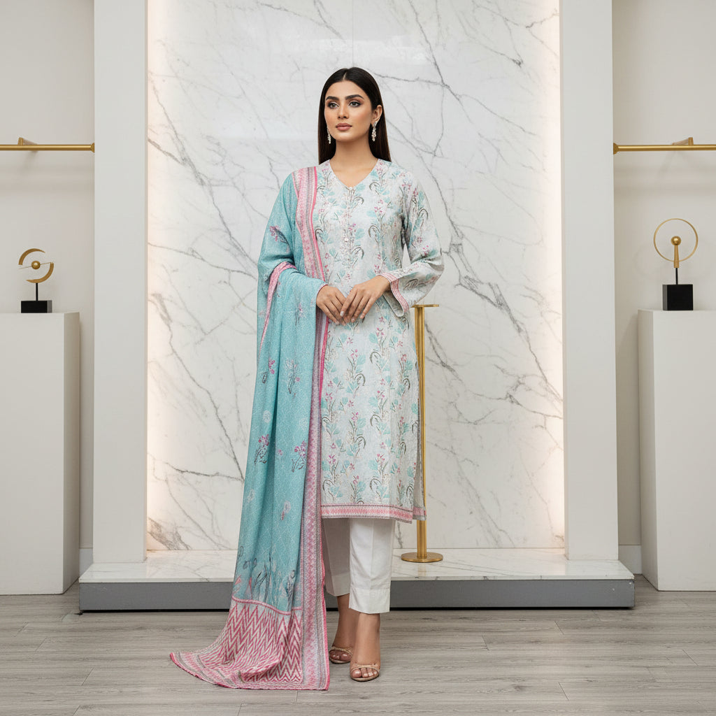 MHK Pastel Garden | Mint Blue & Pink Digital Floral Print Viscose Linen Shalwar Kameez Set