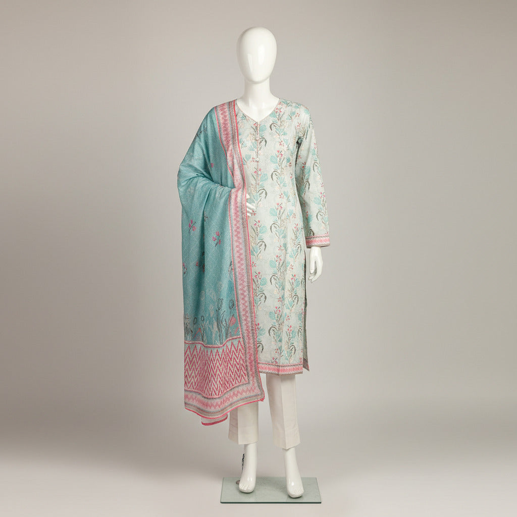 MHK Pastel Garden | Mint Blue & Pink Digital Floral Print Viscose Linen Shalwar Kameez Set