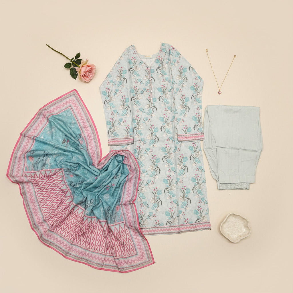 MHK Pastel Garden | Mint Blue & Pink Digital Floral Print Viscose Linen Shalwar Kameez Set
