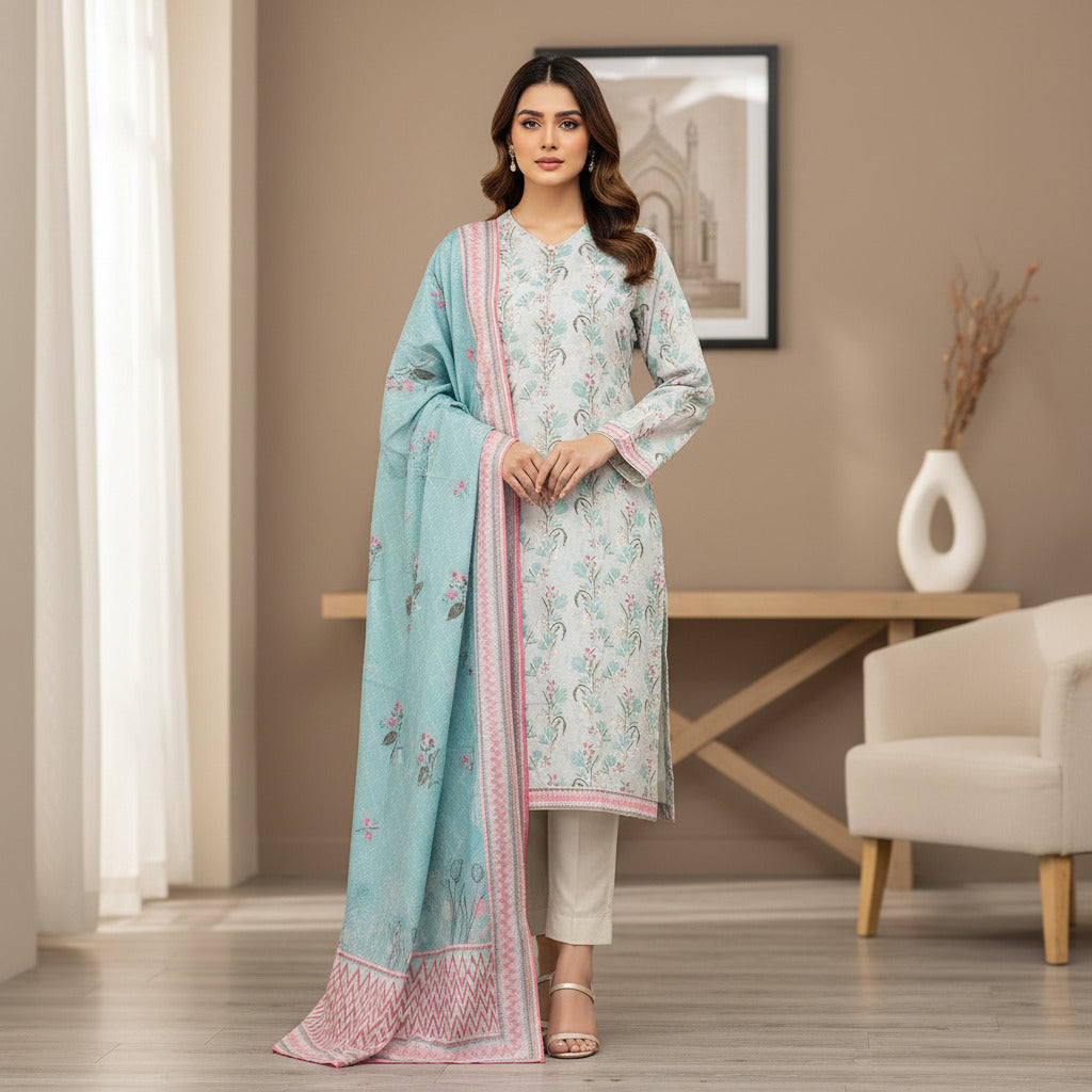 MHK Pastel Garden | Mint Blue & Pink Digital Floral Print Viscose Linen Shalwar Kameez Set