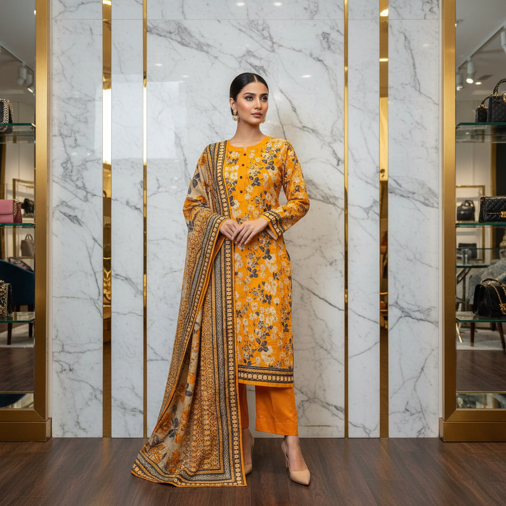 MHK Autumn Ember | Burnt Orange & Grey Digital Floral Print Viscose Linen Shalwar Kameez Set