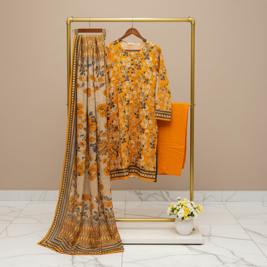 MHK Autumn Ember | Burnt Orange & Grey Digital Floral Print Viscose Linen Shalwar Kameez Set