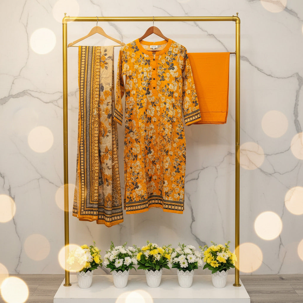 MHK Autumn Ember | Burnt Orange & Grey Digital Floral Print Viscose Linen Shalwar Kameez Set
