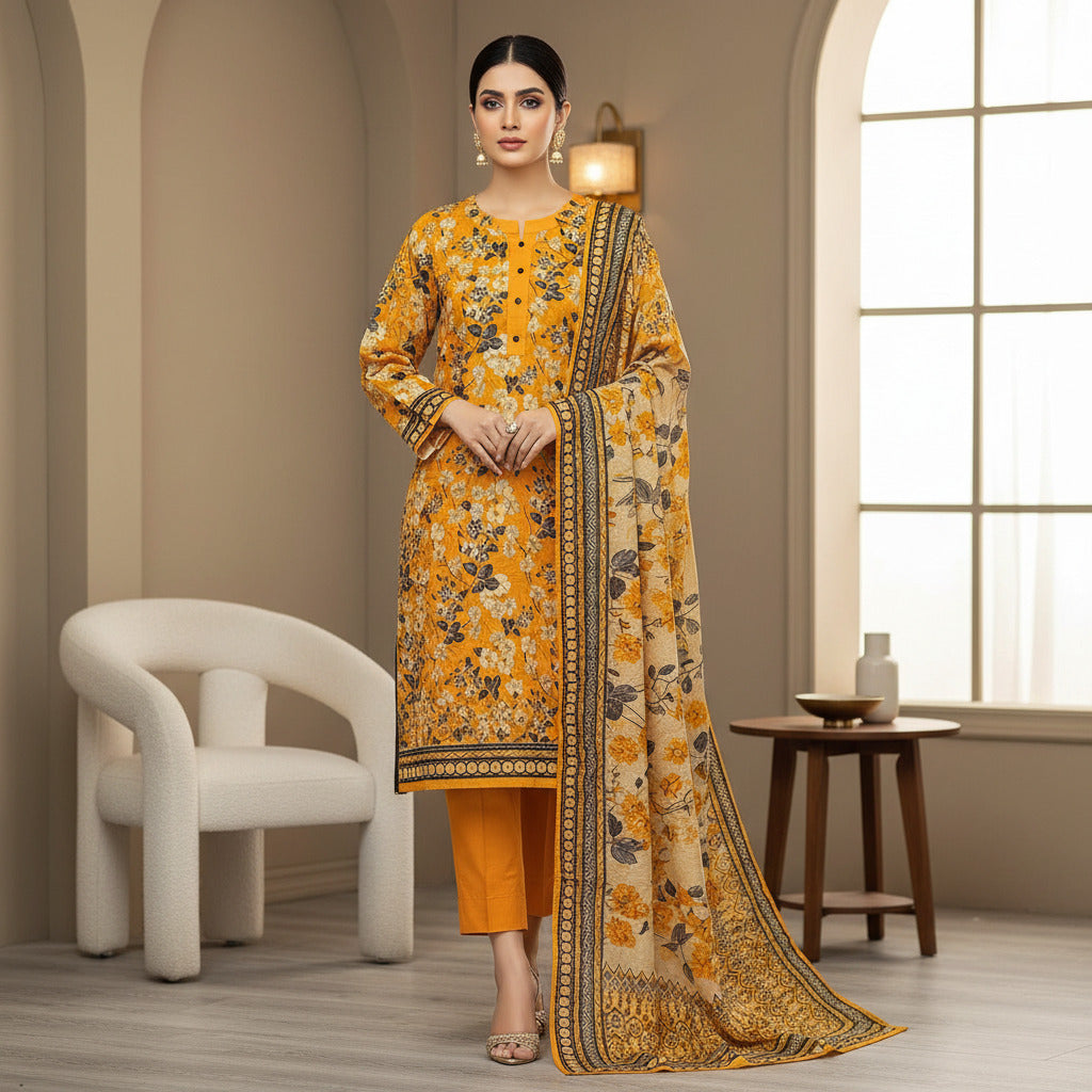 MHK Autumn Ember | Burnt Orange & Grey Digital Floral Print Viscose Linen Shalwar Kameez Set