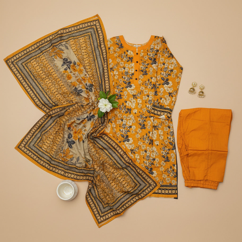 MHK Autumn Ember | Burnt Orange & Grey Digital Floral Print Viscose Linen Shalwar Kameez Set