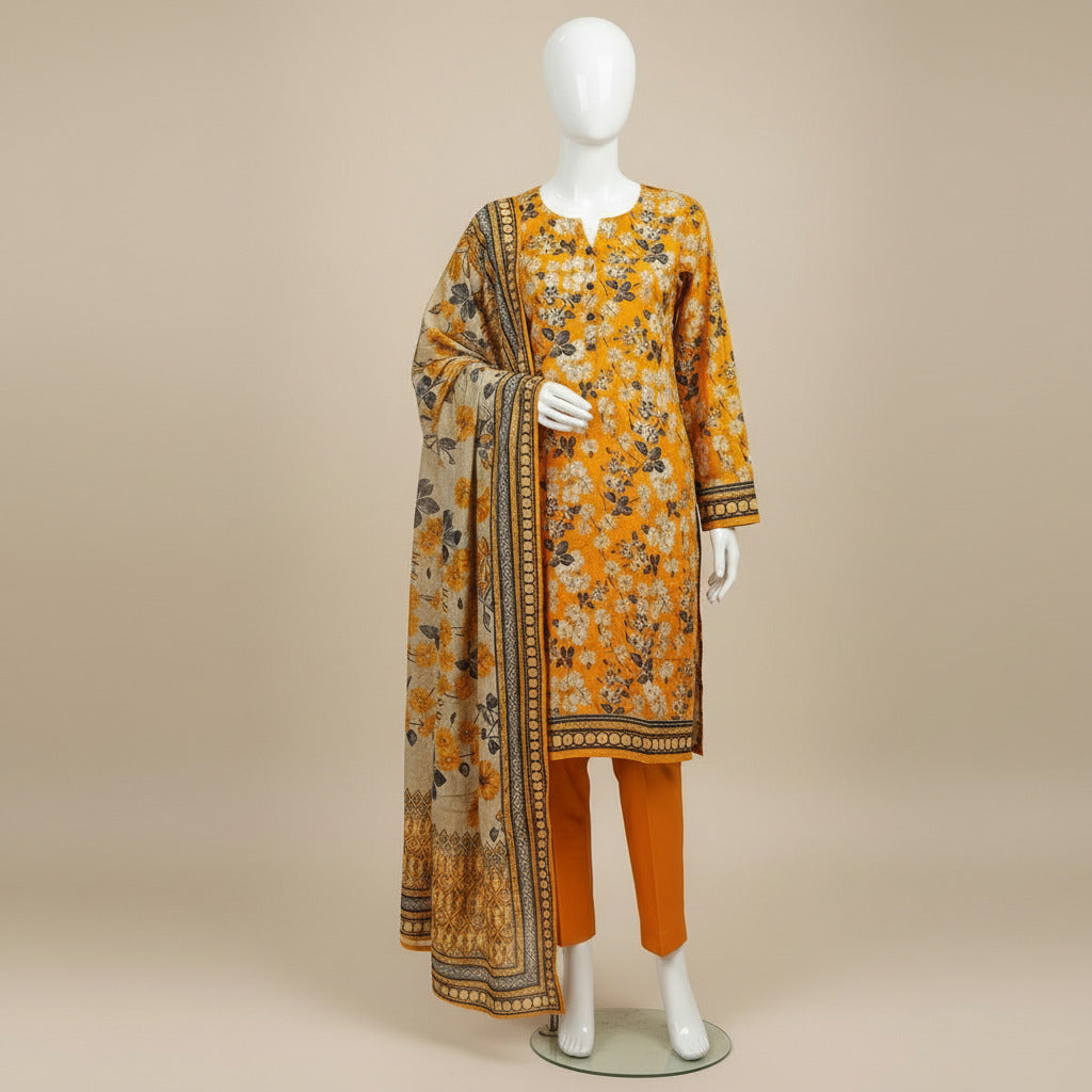 MHK Autumn Ember | Burnt Orange & Grey Digital Floral Print Viscose Linen Shalwar Kameez Set