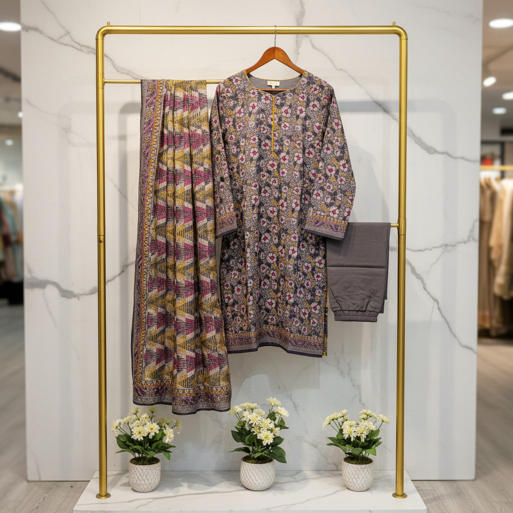 MHK Charcoal Bloom | Charcoal & Mustard Digital Floral Print Viscose Linen Shalwar Kameez Set