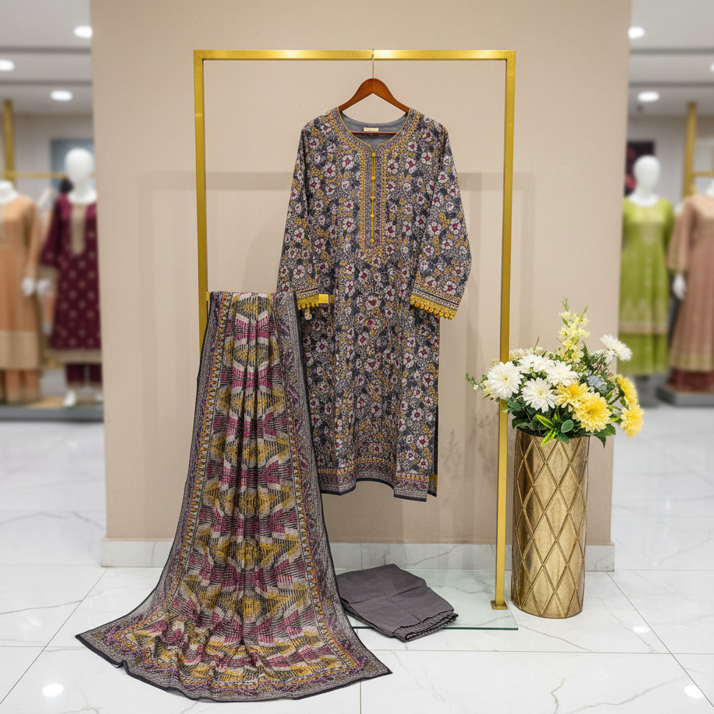 MHK Charcoal Bloom | Charcoal & Mustard Digital Floral Print Viscose Linen Shalwar Kameez Set