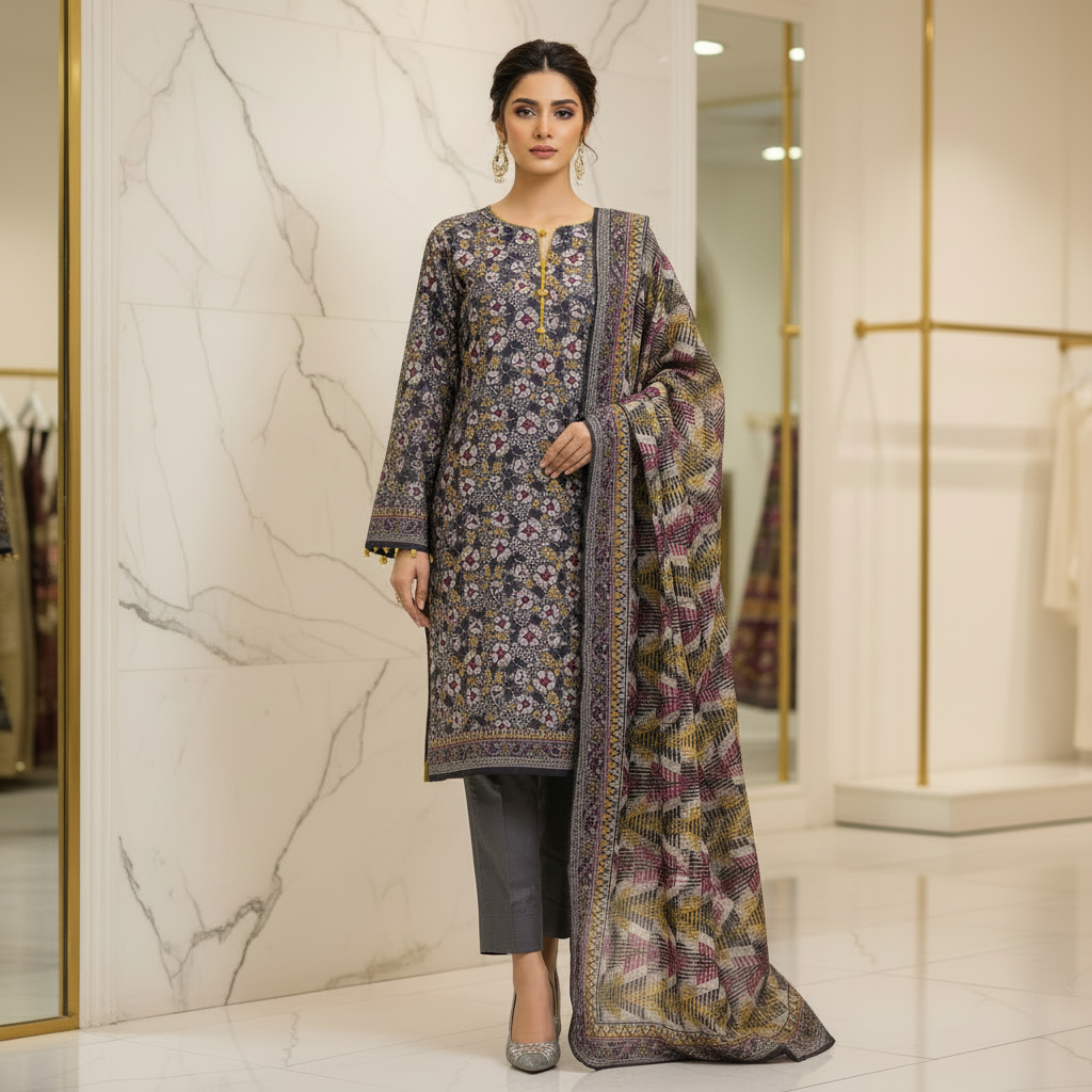 MHK Charcoal Bloom | Charcoal & Mustard Digital Floral Print Viscose Linen Shalwar Kameez Set