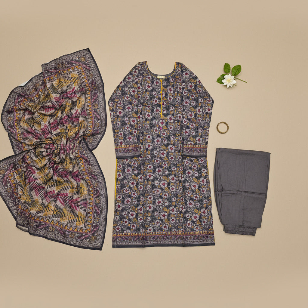 MHK Charcoal Bloom | Charcoal & Mustard Digital Floral Print Viscose Linen Shalwar Kameez Set