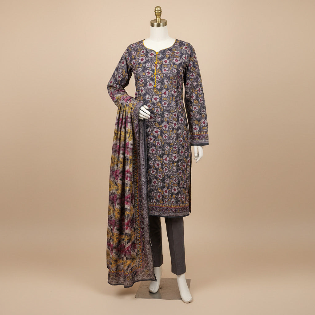 MHK Charcoal Bloom | Charcoal & Mustard Digital Floral Print Viscose Linen Shalwar Kameez Set