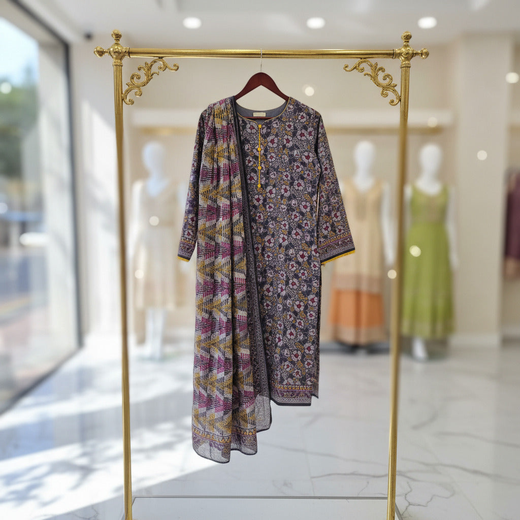 MHK Charcoal Bloom | Charcoal & Mustard Digital Floral Print Viscose Linen Shalwar Kameez Set