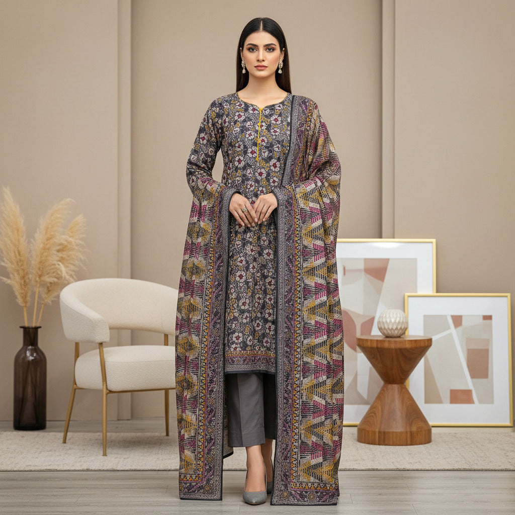 MHK Charcoal Bloom | Charcoal & Mustard Digital Floral Print Viscose Linen Shalwar Kameez Set