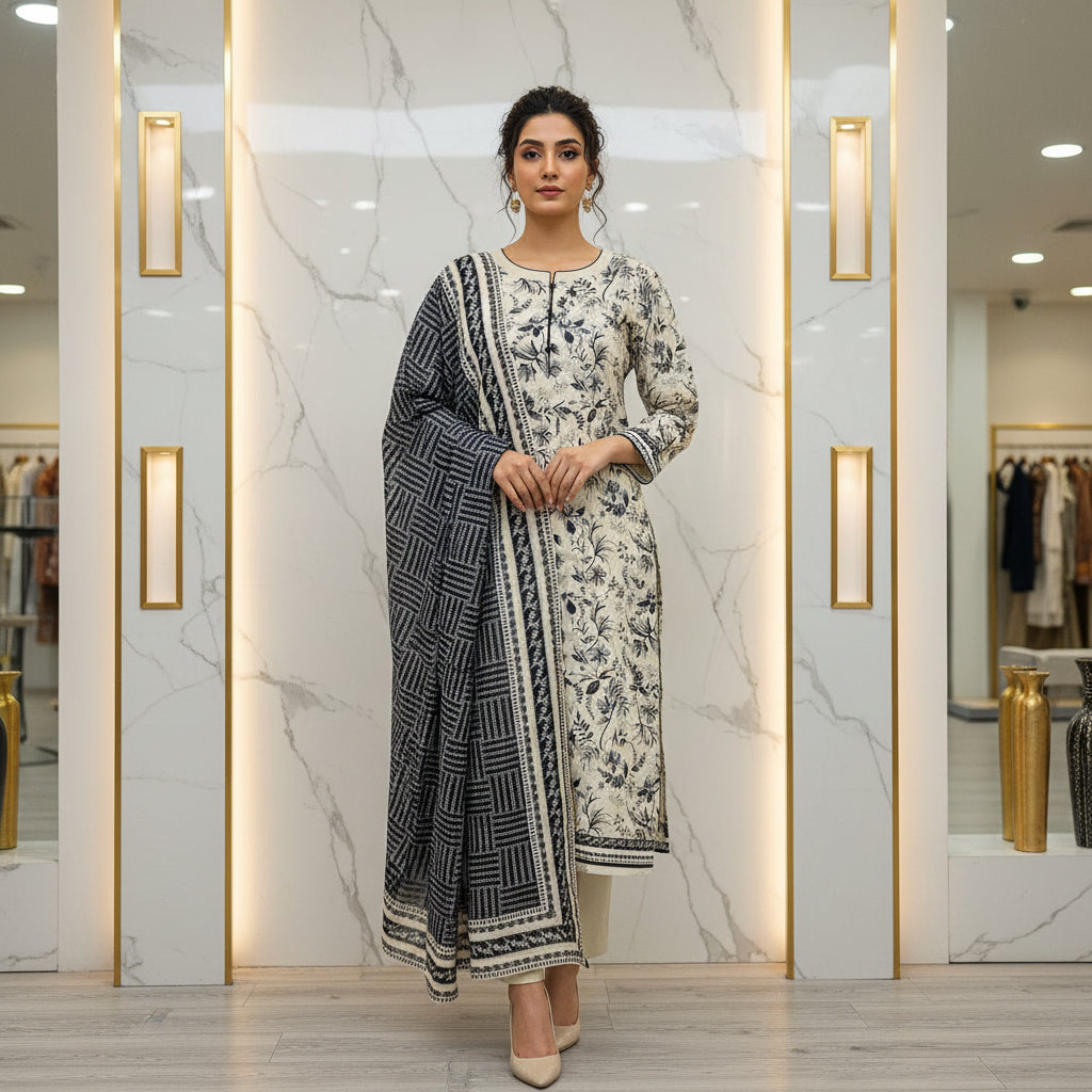 MHK Urban Sketch | Light Grey & Black Digital Floral Print Viscose Linen Shalwar Kameez Set