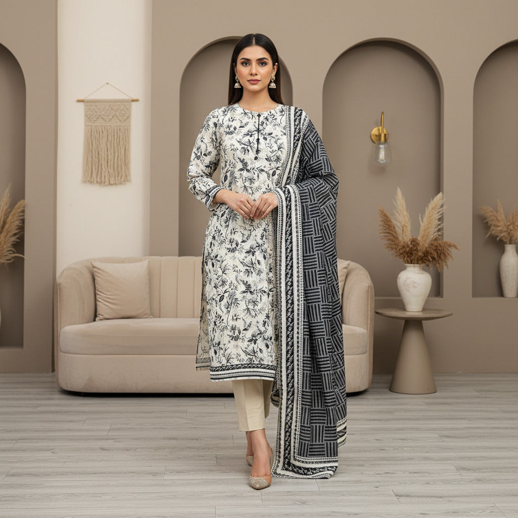 MHK Urban Sketch | Light Grey & Black Digital Floral Print Viscose Linen Shalwar Kameez Set