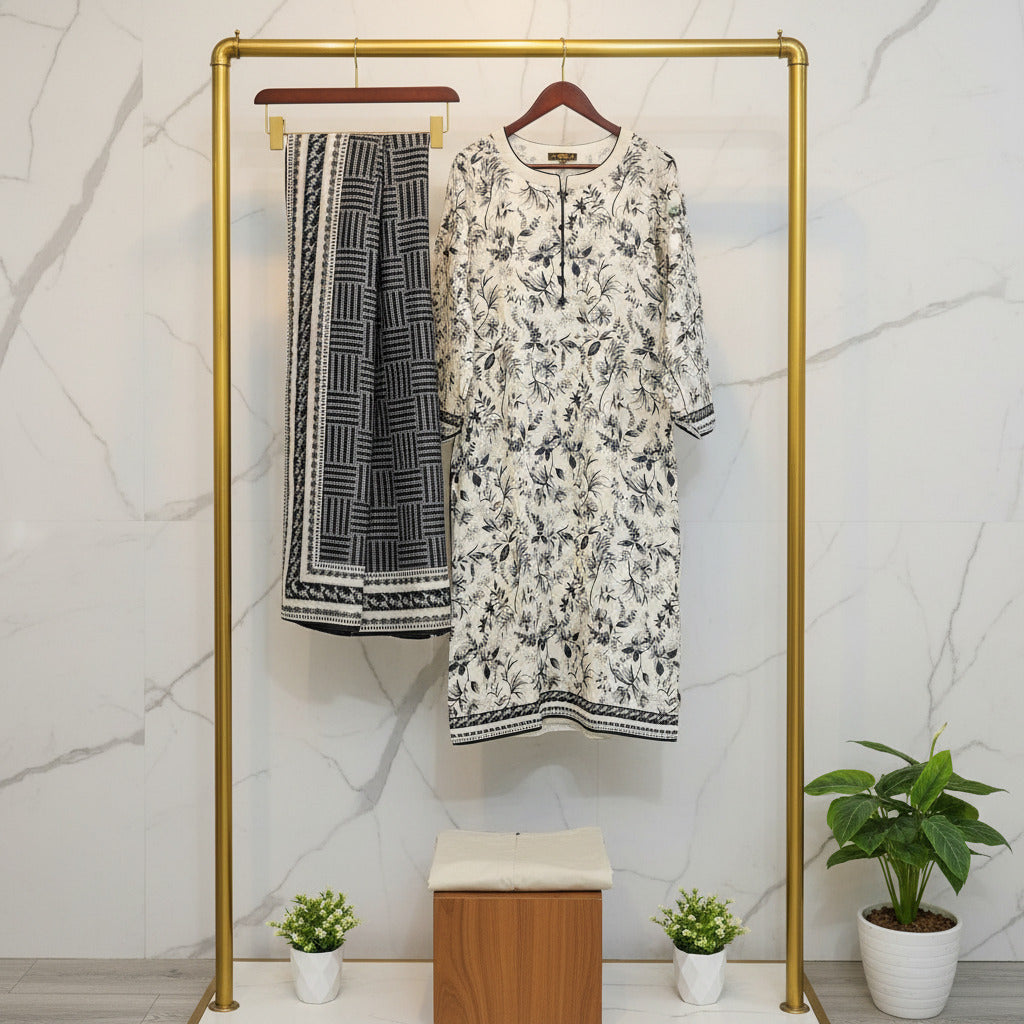 MHK Urban Sketch | Light Grey & Black Digital Floral Print Viscose Linen Shalwar Kameez Set