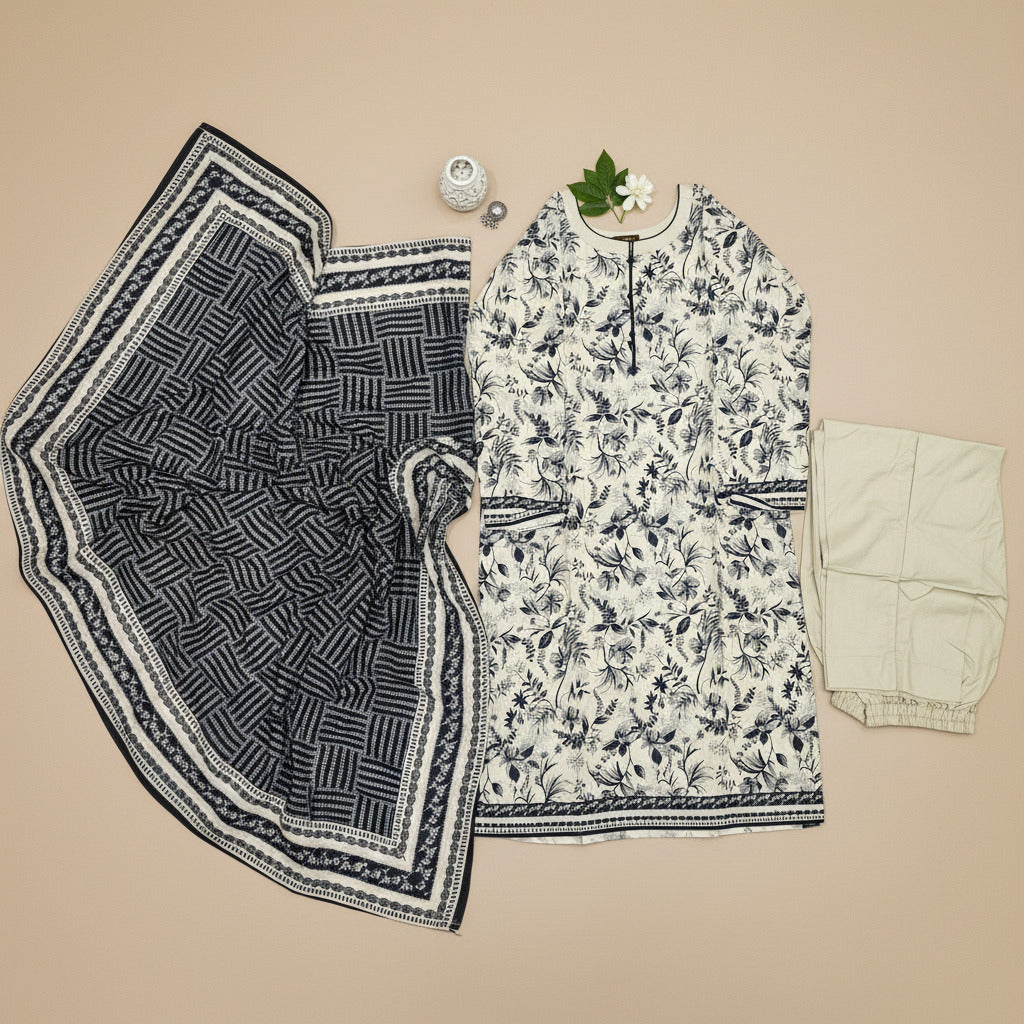 MHK Urban Sketch | Light Grey & Black Digital Floral Print Viscose Linen Shalwar Kameez Set