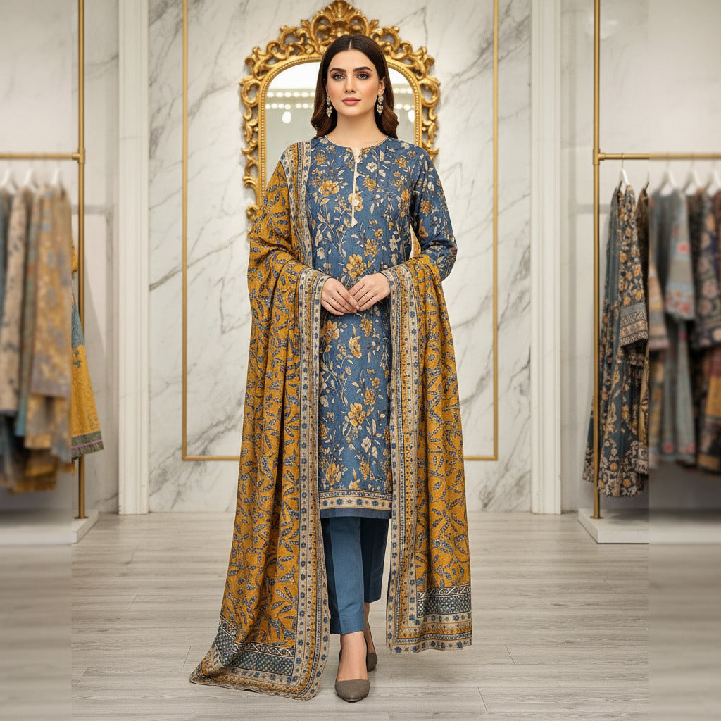 MHK Coastal Mirage | Teal Blue & Brown Digital Floral Print Viscose Linen Shalwar Kameez Set