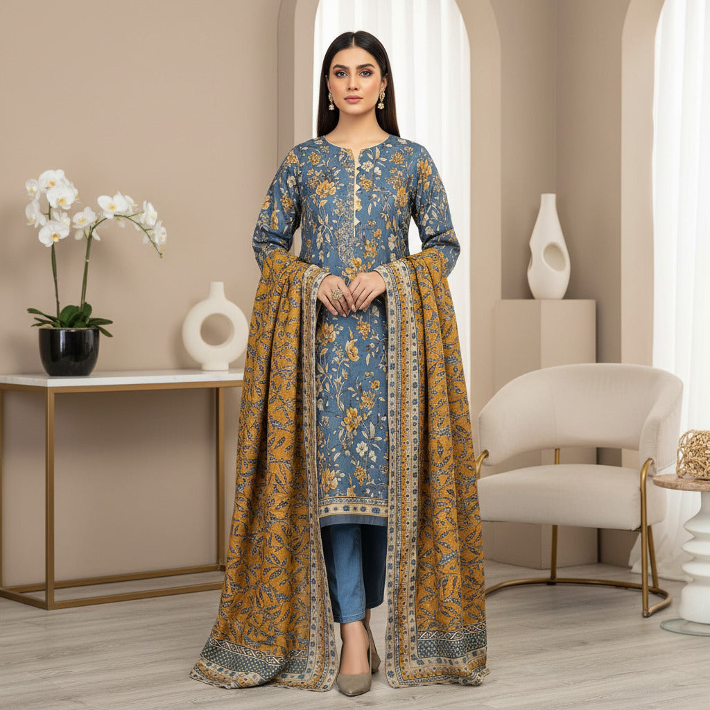 MHK Coastal Mirage | Teal Blue & Brown Digital Floral Print Viscose Linen Shalwar Kameez Set