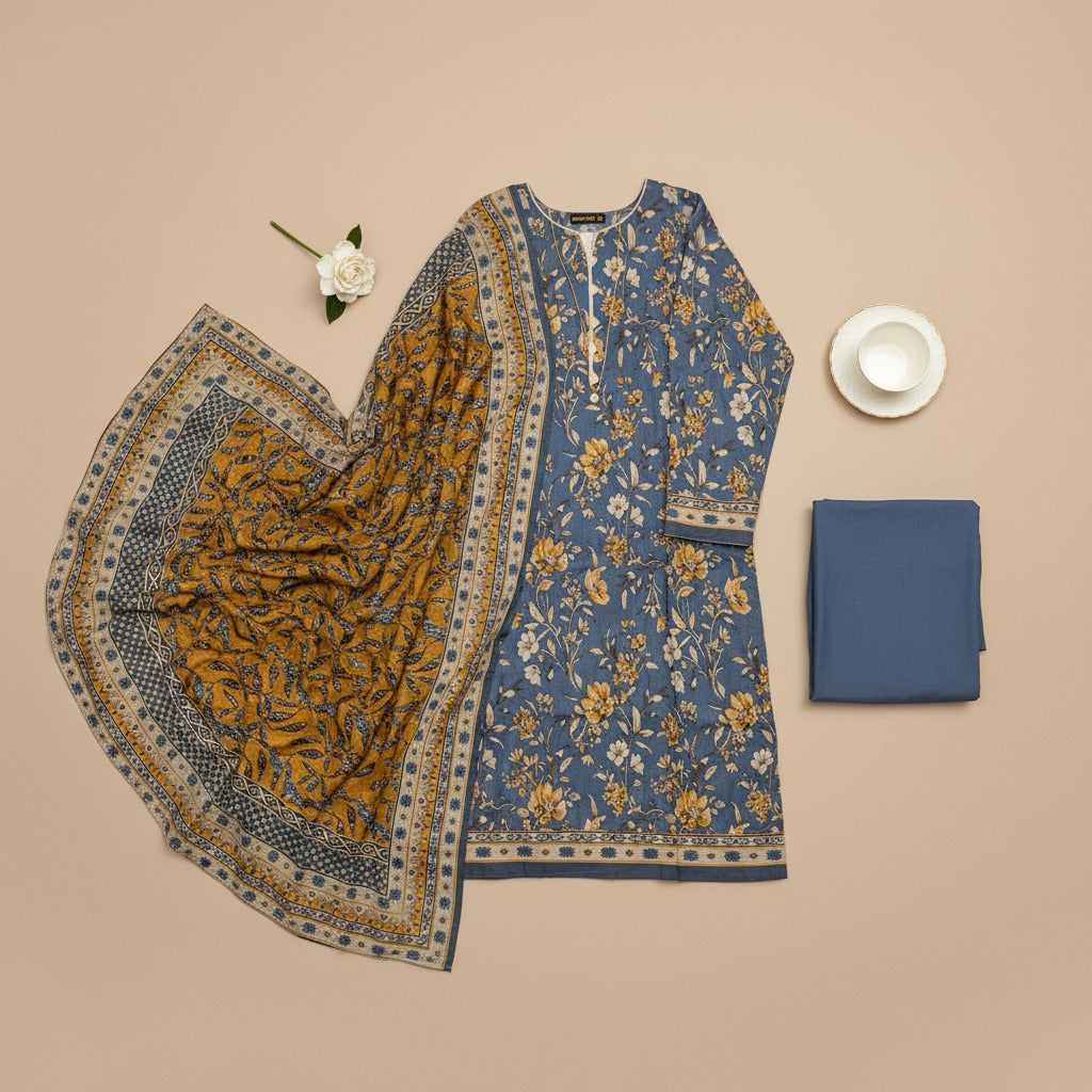 MHK Coastal Mirage | Teal Blue & Brown Digital Floral Print Viscose Linen Shalwar Kameez Set