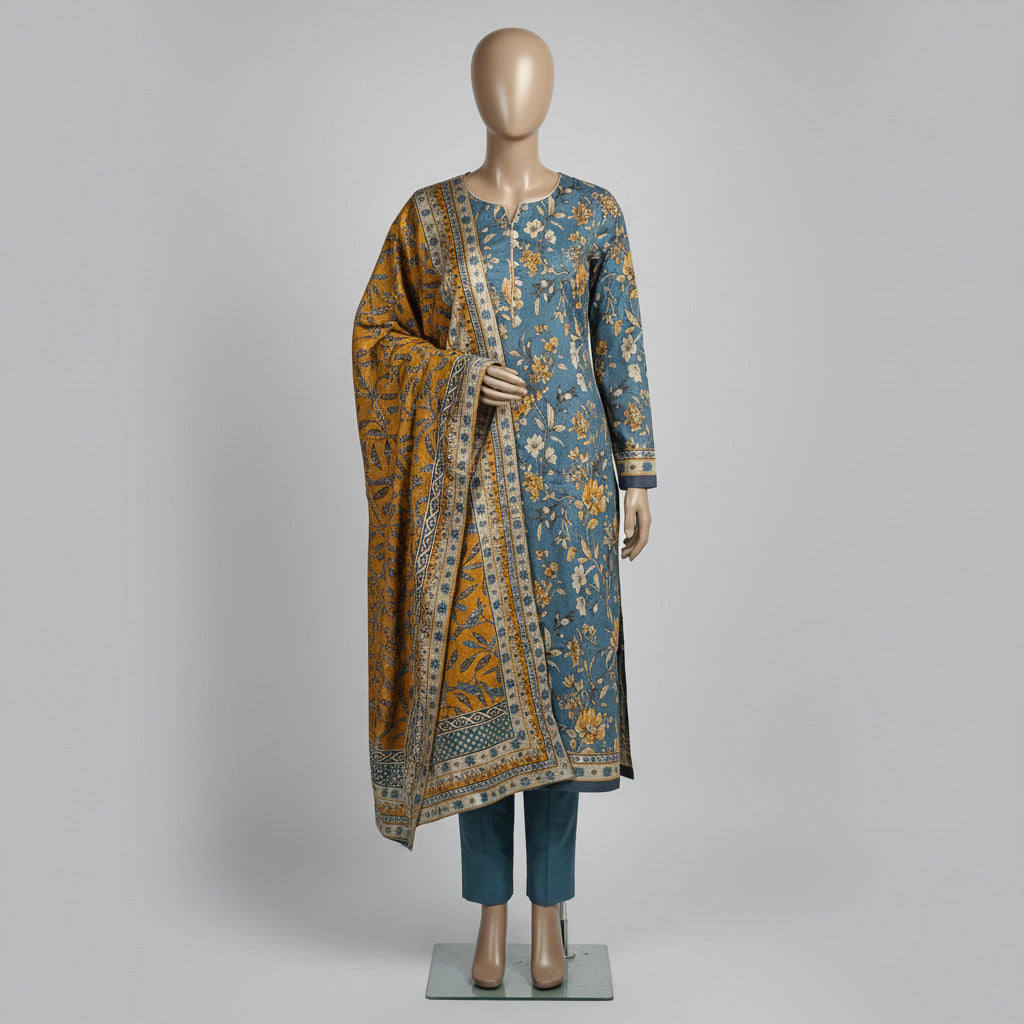 MHK Coastal Mirage | Teal Blue & Brown Digital Floral Print Viscose Linen Shalwar Kameez Set