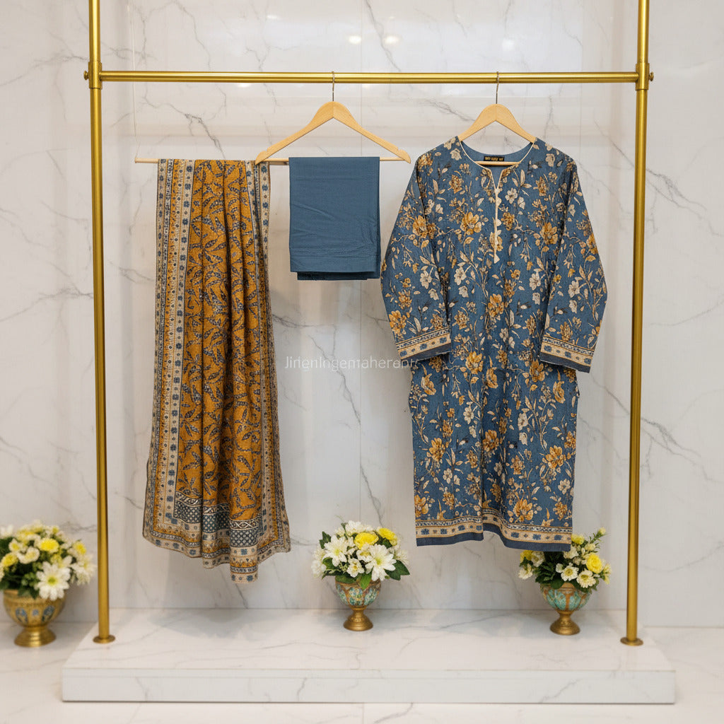 MHK Coastal Mirage | Teal Blue & Brown Digital Floral Print Viscose Linen Shalwar Kameez Set