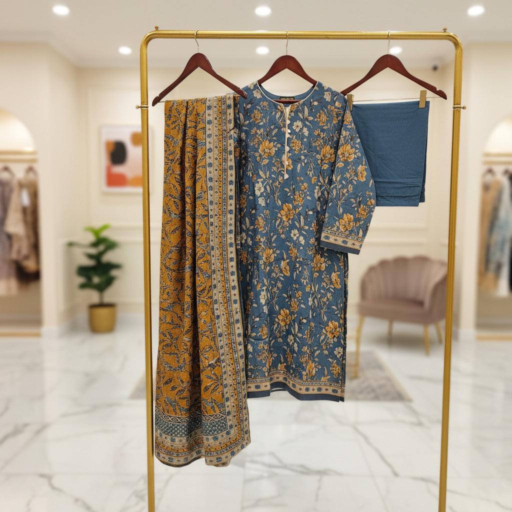 MHK Coastal Mirage | Teal Blue & Brown Digital Floral Print Viscose Linen Shalwar Kameez Set