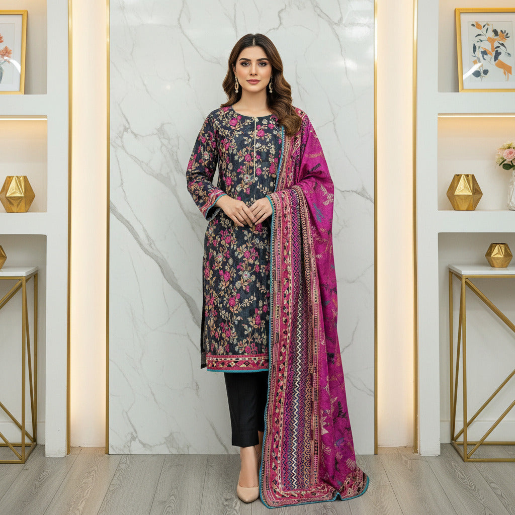 MHK Sapphire Twilight | Dark Teal & Cerise Pink Digital Floral Print Viscose Linen Shalwar Kameez Set