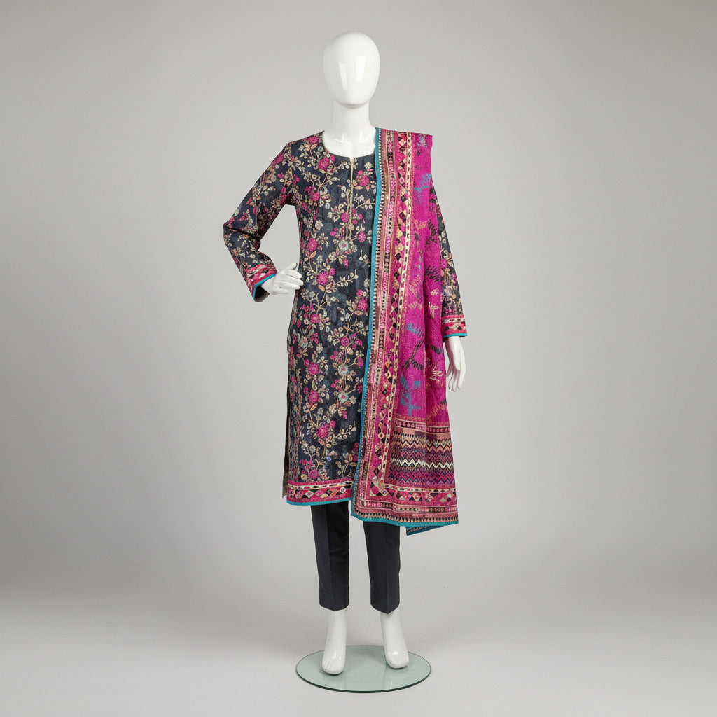 MHK Sapphire Twilight | Dark Teal & Cerise Pink Digital Floral Print Viscose Linen Shalwar Kameez Set