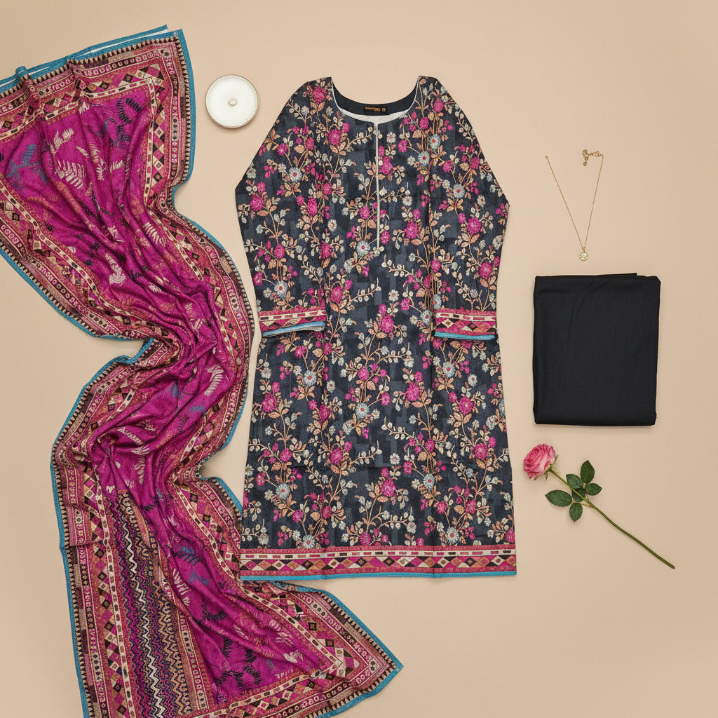 MHK Sapphire Twilight | Dark Teal & Cerise Pink Digital Floral Print Viscose Linen Shalwar Kameez Set